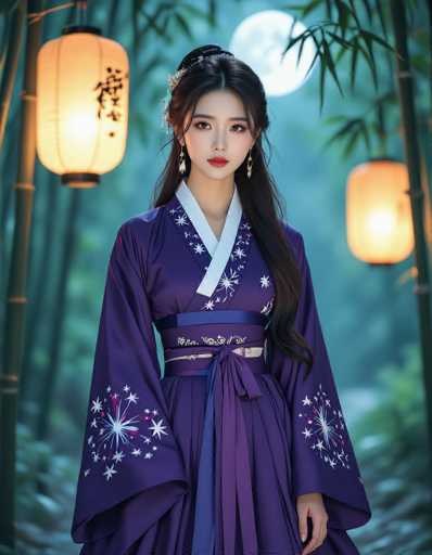 A captivating Korean woman in a deep violet Hanbok with starburst embroidery stands in a moonlit bamboo grove. Soft lanterns cast ethereal light, creating high-contrast shadows and an atmospheric scene reminiscent of Joseon-era ink wash paintings. The wide shot, shallow depth of field, and gently swaying hair enhance the mysterious gaze and overall ethereal ambiance.