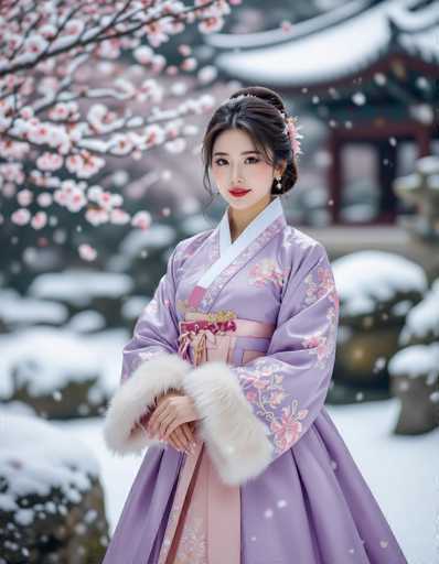 A captivating Korean woman in a lavender and rose-gold Hanbok stands gracefully in a snow-covered garden, her delicate hands gently clasped. Soft natural light and falling snowflakes create a romantic, moody atmosphere. The shallow depth of field highlights her while blurring the blurred sakura branches and distant pagoda, showcasing a fashion-focused, artistic portrait.