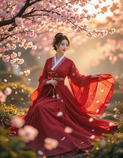 A captivating Korean woman in a flowing crimson Hanbok graces a misty palace garden bathed in golden sunset light. Surrounded by blooming cherry blossoms, the image showcases ultra-detailed fabric textures and soft bokeh, reminiscent of Jeong Se-won's elegant compositions. The spatial relationship emphasizes a serene, ethereal beauty.