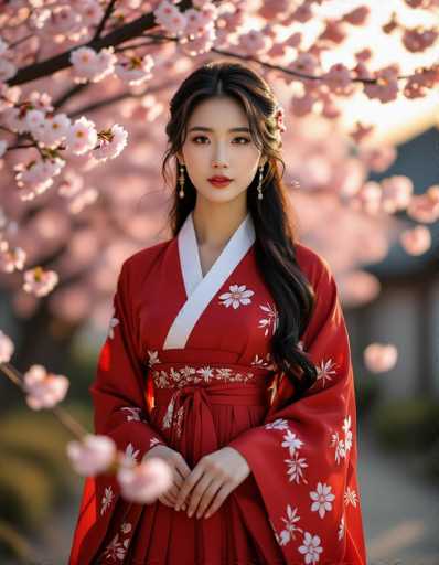 A captivating Korean woman in a vibrant crimson Hanbok stands gracefully beneath blooming cherry blossoms at dusk. The soft golden hour light creates an ethereal glow, highlighting delicate floral patterns on the flowing fabric. Her long black hair cascades over one shoulder as she gazes confidently, captured in a cinematic composition with a shallow depth of field and soft bokeh. The image blends traditional Korean aesthetics with modern Vogue elegance.