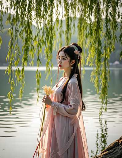 A young woman dressed in traditional Chinese clothing stands on a rocky shoreline overlooking a serene lake. She holds a bouquet of flowers and wears a pink dress with a white collar. The scene is bathed in soft light from the setting sun, casting long shadows and highlighting the natural beauty around her.