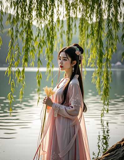 A serene portrait of a woman in traditional Chinese attire stands gracefully by a tranquil lake, framed by weeping willow branches. She holds a bouquet of delicate flowers, her long black hair adorned with floral accents. The soft, muted colors and gentle lighting evoke a dreamy, artistic aesthetic, emphasizing a sense of calm and elegance.