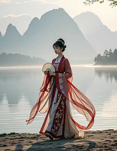 A woman dressed in traditional Chinese clothing stands on a sandy beach, holding a fan and gazing out at the water. The mountains in the background provide a serene backdrop for her tranquil pose.