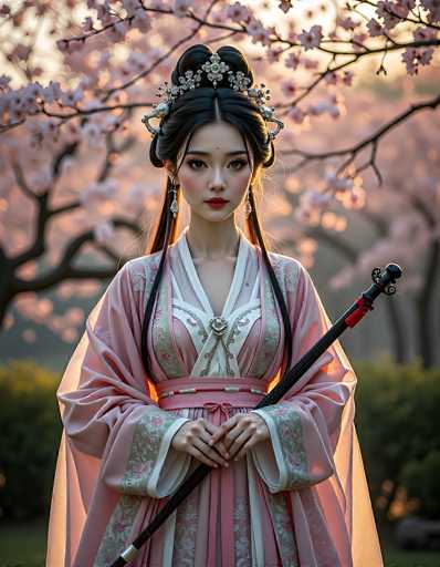 A serene portrait of a woman in traditional Chinese attire stands amidst blossoming cherry trees. She holds a staff, her gaze direct and captivating. The soft, warm lighting enhances the delicate details of her ornate clothing and headdress, creating a dreamlike, artistic aesthetic.