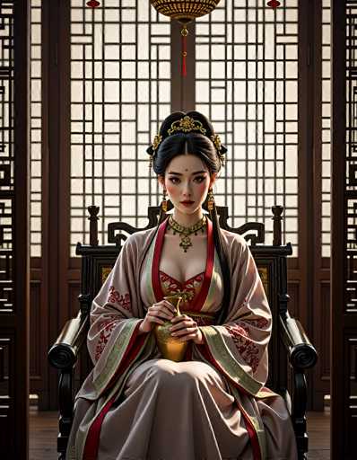 A regal woman in traditional Chinese attire sits on an ornate throne, holding a golden vessel. She's adorned with elaborate jewelry and her hair is styled in an intricate updo. The background features a windowed screen, creating a serene and elegant atmosphere with a focus on detailed textures and soft lighting.