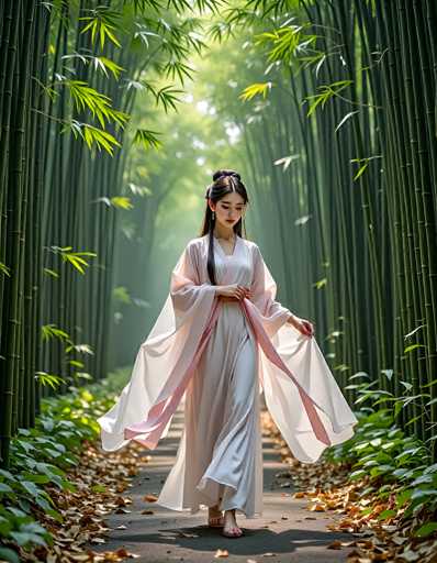 A serene woman in a flowing, light-colored traditional Chinese robe walks through a lush bamboo forest bathed in soft sunlight. The tall, slender bamboo stalks create a tunnel-like perspective, with fallen leaves on the path adding to the tranquil atmosphere. The art style is a beautiful blend of traditional and ethereal, emphasizing gentle movement and natural beauty.
