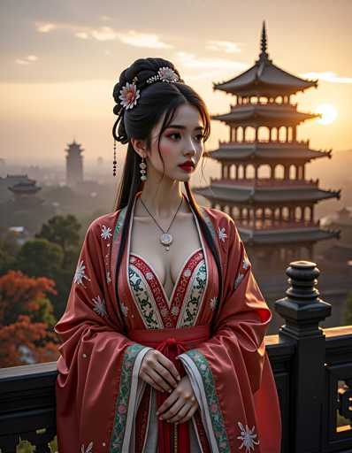 A woman dressed in traditional Chinese clothing stands on a balcony overlooking a cityscape at sunset. The woman is wearing a red and gold dress with intricate embroidery and a matching headpiece adorned with flowers. In the background, there are several pagodas rising against the sky, their silhouettes contrasting with the warm hues of the setting sun.