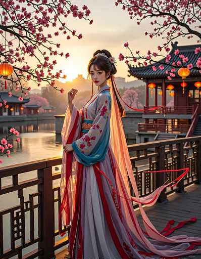 A serene portrait of a woman in traditional Chinese attire stands on a bridge, gazing at a sunset over a water-filled landscape adorned with cherry blossoms. The art style is digital painting, emphasizing soft lighting and delicate details in the flowing fabric and ornate architecture. The spatial relationship places the woman as the central focus, framed by the blossoming branches and distant buildings.