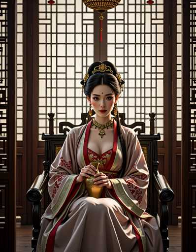 A woman dressed in traditional Chinese clothing is seated on a wooden chair with gold accents and holding a golden vase. The background features a window adorned with red curtains that adds depth to the scene.
