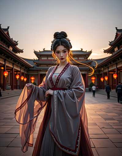 A woman dressed in traditional Chinese clothing stands in front of a temple with red roofs and gold accents, holding her hair up with a black headband. The setting sun casts long shadows on the ground as she gazes directly at the camera.