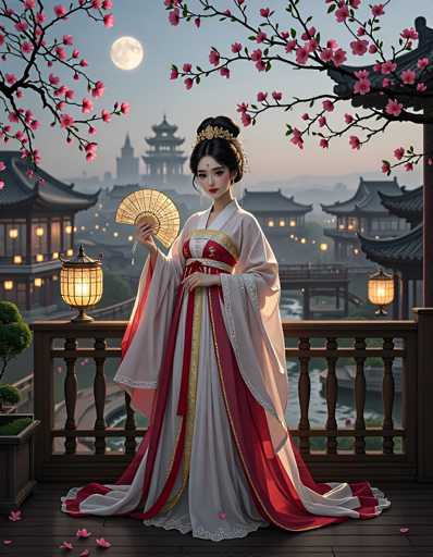 A woman dressed in traditional Chinese clothing stands on a wooden balcony with a view of the city skyline and cherry blossom trees below. She holds a fan in her right hand while wearing a red and white dress that flows down to her feet. The scene is bathed in soft light, creating an ethereal atmosphere.
