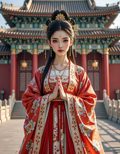 A serene portrait of a woman in traditional Chinese attire stands in front of an ornate, red and green temple. She wears a vibrant orange robe with floral patterns, delicate gold jewelry, and her hands are clasped in a respectful gesture. The image showcases a detailed digital art style with soft lighting and intricate details, emphasizing the cultural elegance of the scene.
