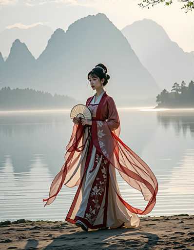 A woman in a flowing, traditional Chinese dress stands on a tranquil beach beside a misty lake, facing away from the viewer. She holds a fan and is framed by hazy, distant mountains under a soft, ethereal light. The image evokes a serene, dreamlike atmosphere with its gentle color palette and focus on graceful movement.
