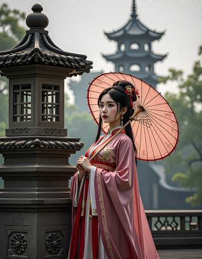 A woman in traditional Chinese attire stands gracefully beside a detailed lantern, holding an ornate peach-colored umbrella. The soft focus background features a distant pagoda, creating a serene and slightly ethereal atmosphere. The image showcases a blend of traditional Chinese aesthetics with a painterly, romantic style.