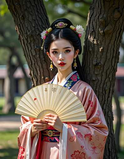 A young woman in traditional Chinese attire, holding a decorative fan, stands gracefully against the backdrop of a lush green park. The woman's attire is a beautiful pink and red silk robe with intricate floral patterns, complemented by ornate gold jewelry. Her long black hair is styled in a traditional updo adorned with flowers and golden ornaments, framing her face with striking makeup. She gazes directly at the viewer with a serene expression. The soft, diffused sunlight enhances the scene's elegance and creates a dreamy atmosphere.