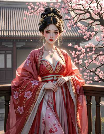A beautifully rendered portrait showcases a woman in traditional Chinese attire, adorned in an elaborate red and pink gown with floral details. She stands on a balcony overlooking a traditional Chinese building, framed by blossoming cherry trees. The art style is highly detailed and painterly, emphasizing soft lighting and a serene atmosphere.