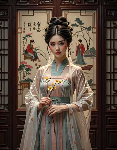 A young woman stands in front of a traditional Chinese door with intricate carvings and paintings depicting women in traditional clothing. The woman is wearing a white dress adorned with gold accents and holding a bouquet of yellow flowers.