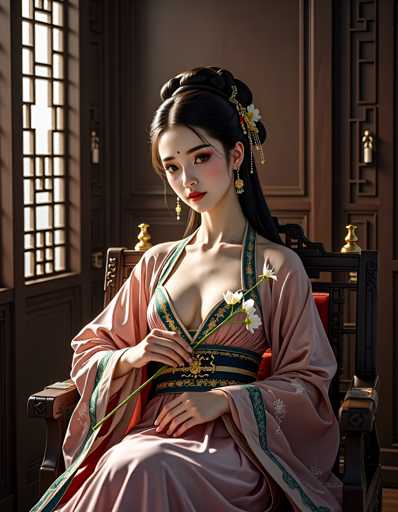 A woman is seated on a wooden chair with gold accents and a red cushion, wearing traditional Chinese clothing that includes a pink dress adorned with green and white embroidery. She holds a white flower in her hand. The background features a window with a gold frame and a painting of a woman's face hanging above it.