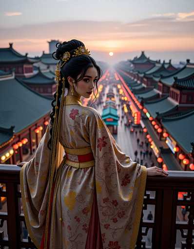 A woman wearing traditional Chinese clothing stands on a balcony overlooking a cityscape at sunset. The sky is painted with hues of orange and pink, creating a serene backdrop for the scene. The buildings in the background are adorned with red roofs, adding to the charm of the image.