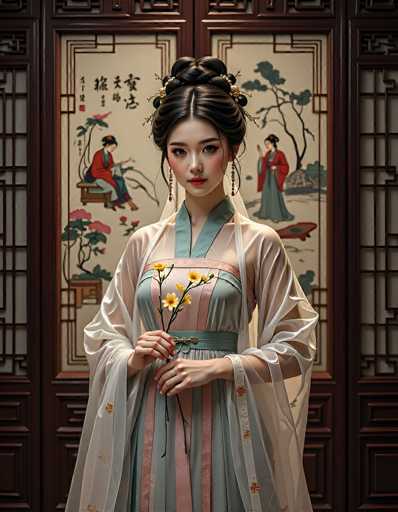 A serene portrait of a woman in traditional Chinese attire stands centered against an ornate, intricately patterned backdrop. She holds delicate yellow flowers, her elegant pose emphasizing a gentle, contemplative mood. The art style blends realistic detail with a touch of digital artistry, creating a visually captivating scene rooted in historical aesthetics.