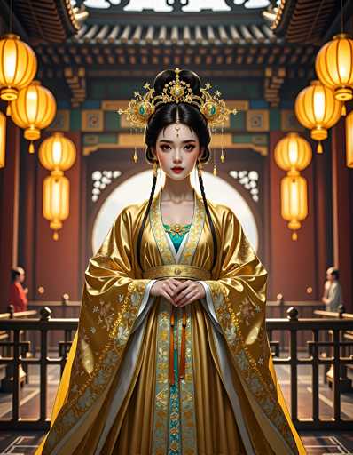 The image depicts a woman wearing traditional Chinese clothing and a gold headpiece with a blue gemstone at the center of her hair. She is standing on a balcony overlooking an ornate room filled with gold lanterns that cast a warm glow throughout the space. The background features a red wall adorned with intricate designs, adding to the overall grandeur of the scene.