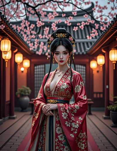 A beautifully rendered portrait showcases a woman in traditional Chinese attire, adorned with intricate floral patterns and ornate jewelry. She stands in a hallway lined with red lanterns and cherry blossom-covered structures, creating a serene, detailed scene. The art style is highly realistic, emphasizing rich textures and soft lighting.