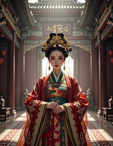 A regal woman in elaborate traditional Chinese attire stands centrally, adorned with intricate gold and red details. She's positioned within a grand, ornate hall with red pillars and patterned flooring, bathed in soft light. The art style is highly detailed and evocative of historical Chinese painting, emphasizing elegance and cultural richness.
