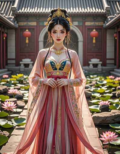 A woman is standing in front of a traditional Chinese building with red walls and gold accents. She is wearing a pink dress with gold trim and a gold headpiece that includes a large feather on the side. The background features a pond filled with lily pads and other plants.
