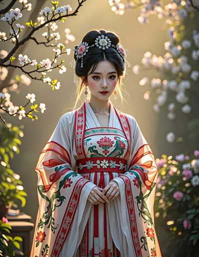 A woman is standing in front of a tree with white flowers and wearing traditional Chinese clothing that includes a red and gold dress with a floral pattern on the skirt. She has her hands clasped together in front of her and is looking directly at the camera.