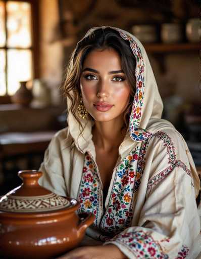 A close-up captures a Moroccan woman's face and shoulders, adorned in a cream kaftan with vibrant, hand-stitched floral embroidery. She sits beside a rustic tagine pot, bathed in warm light within a softly blurred kitchen. The image exudes documentary realism with a shallow depth of field, highlighting the rich textures and intimate details.