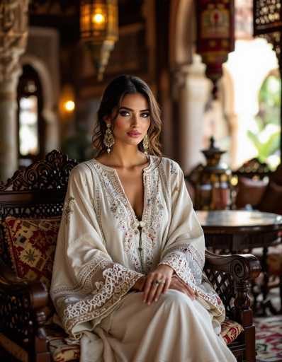 A woman in a cream-colored kaftan with intricate lace and beaded trim sits gracefully on an ornate wooden chair within a luxurious riad. The soft ambient lighting highlights the detailed craftsmanship, showcasing the rich textures and patterns of the Moroccan setting with a documentary realism and cinematic lighting.