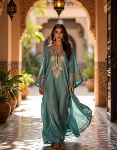 A woman in a flowing teal silk kaftan with gold embroidery walks through a sunlit Moroccan courtyard. The soft natural light highlights the intricate details of her garment and the terracotta tiles, while a shallow depth of field draws focus to her elegant presence. The scene evokes a serene and luxurious atmosphere, typical of traditional Moroccan design.