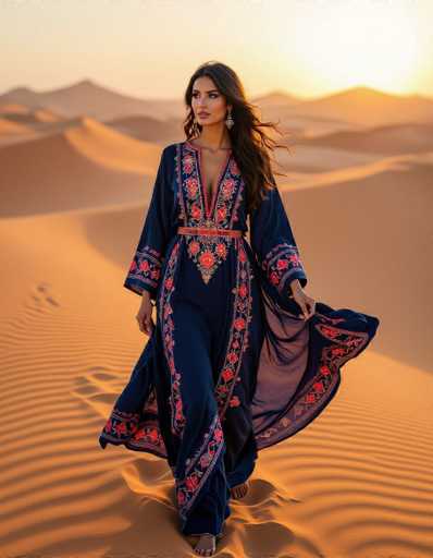 A woman in a deep indigo kaftan with vibrant coral embroidery gracefully walks through a vast desert landscape at sunrise. The flowing fabric billows in the gentle breeze, creating dramatic shadows and highlighting the realistic texture of both sand and garment. The panoramic composition emphasizes the model's solitary presence in this serene, golden environment.
