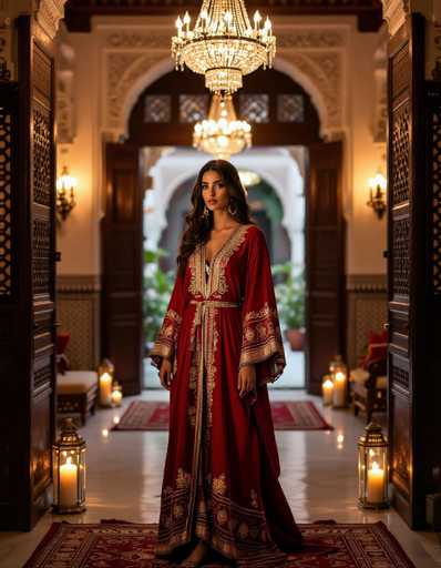 A woman in a richly embroidered crimson and gold kaftan stands elegantly in a dimly lit Moroccan riad. The low-key lighting highlights the intricate details of the kaftan and the ornate, carved wooden doors. Crystal chandeliers cast a warm glow, creating a moody ambiance within the space's rich, traditional aesthetic.