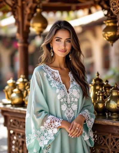 A beautiful Moroccan woman in a light teal kaftan with delicate white lace stands gracefully amidst an ornate, sun-drenched mint tea stall. The shallow depth of field softly blurs the background, highlighting her elegant pose and the intricate brass teapots, creating a warm, realistic, and culturally rich scene.