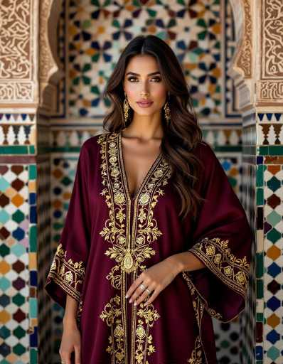 A stunning Moroccan woman in a rich burgundy kaftan with intricate gold detailing stands gracefully, framed by a vibrant mosaic wall. The soft lighting highlights the detailed patterns and rich color contrast, creating a cinematic, realistic portrait within a historic medina setting.