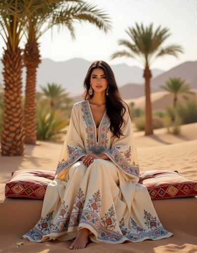 A stunning Moroccan woman in a cream kaftan with intricate, hand-painted paisley designs sits gracefully on a cushioned bench in a serene desert oasis. Palm trees frame the scene, with hazy mountains in the distance under warm, soft lighting. The hyper-realistic detail emphasizes a tranquil and culturally rich atmosphere.
