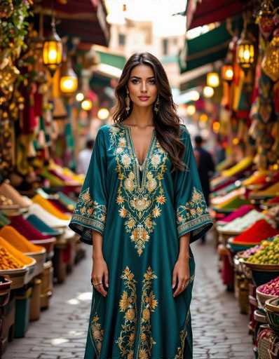 A stunning Moroccan woman in a deep teal, gold-embroidered kaftan stands center-frame in a vibrant souk. Surrounded by colorful spice stalls and warm lanterns, the hyperrealistic image showcases a dynamic composition with shallow depth of field, highlighting the woman's elegant presence and rich cultural attire.