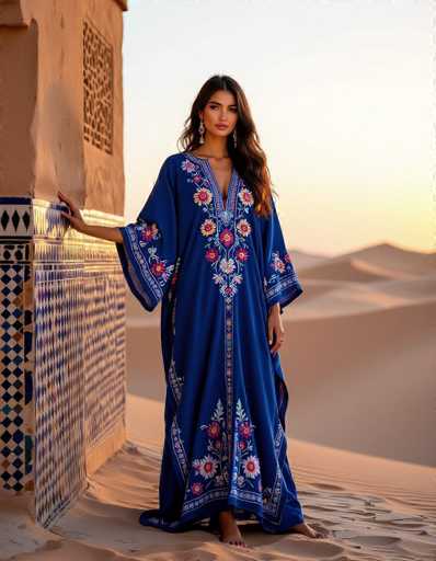 A stunning Moroccan woman models a vibrant indigo kaftan with intricate hand-embroidered floral motifs, standing gracefully against an ancient zellige-tiled wall. The golden hour light bathes the scene, highlighting the flowing fabric and desert dunes in a cinematic, realistic style.