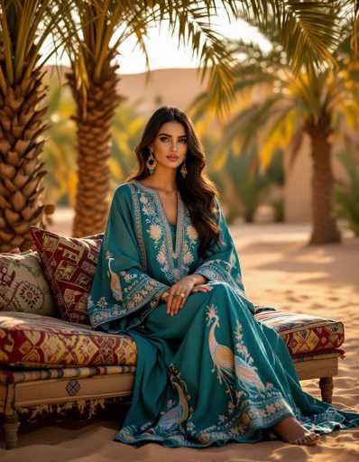 A stunning Moroccan woman gracefully sits on a cushioned bench in a desert oasis, draped in an emerald green kaftan adorned with intricate peacock embroidery. Palm trees sway under warm golden light, casting soft shadows. The ultra-realistic image showcases a warm color palette and detailed textures, highlighting the serene beauty of the scene.