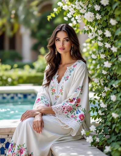 A serene portrait captures a woman in a flowing, cream-colored kaftan adorned with vibrant floral embroidery and delicate lace sleeves. Seated on a marble fountain edge, she's surrounded by blooming jasmine and lush greenery in soft focus. The image exudes a tranquil, elegant atmosphere with its gentle lighting and shallow depth of field.