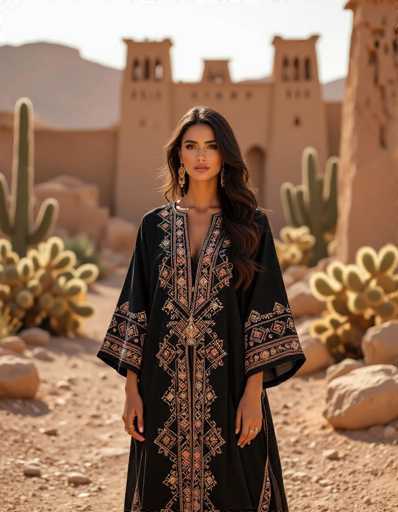 A stylish Moroccan woman models a black kaftan adorned with intricate, hand-embroidered geometric patterns in warm tones. She stands centrally against a backdrop of ancient, weathered desert ruins and spiky cacti, captured in a cinematic wide-angle shot with a soft, dusty color palette. The composition emphasizes the woman's elegance within the historical desert landscape.