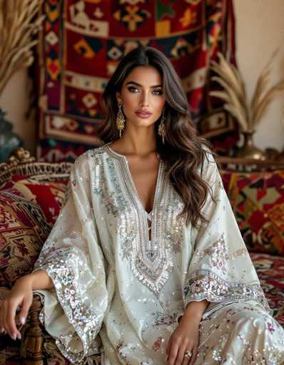 A stunning Moroccan woman graces a luxurious fashion shoot, draped in an intricately embroidered kaftan. The model's elegant pose is set against a backdrop of rich, vintage Moroccan textiles and ornate furniture. The art style emphasizes opulent detail and cultural richness, highlighting the kaftan's exquisite handwork with shimmering sequins and metallic threads.