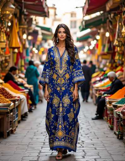 A woman in a vibrant blue and gold kaftan stands center-frame in a bustling Moroccan souk. The image captures the lively market scene with blurred vendors and shoppers, highlighting the woman's elegant attire. The candid, documentary style emphasizes the rich cultural atmosphere and intricate details of the spice stalls.