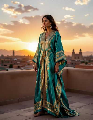 A stunning Moroccan woman models a luxurious teal kaftan with intricate gold detailing on a rooftop overlooking Marrakech at sunset. The image showcases a dramatic, warm color palette with deep shadows and a rich, artistic style emphasizing the elegance of the garment against the vibrant cityscape.