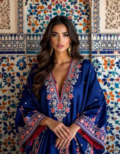 A stunning Moroccan woman graces the frame in a luxurious, deep blue kaftan adorned with vibrant coral embroidery. The ornate zellige tile backdrop and soft studio lighting create a cinematic, ultra-detailed portrait with rich color grading. The fabric's subtle metallic sheen enhances the overall elegance, highlighting a cinematic realism in this portrait.