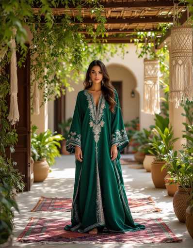 A serene Moroccan woman in a rich emerald kaftan with intricate zari embroidery stands gracefully beneath a shaded pergola. The studio-style photograph showcases the woman as the central subject, framed by the textured macramé and woven rugs. Dappled sunlight creates a warm, inviting atmosphere, highlighting the elegant details of her attire and the surrounding architectural elements.