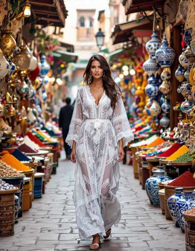 A stylish Moroccan woman in a flowing lace kaftan confidently walks down a vibrant medina street. The scene is filled with colorful spice stalls and intricate blue-and-white ceramics, creating a dynamic, bustling atmosphere captured in a classic street photography style.
