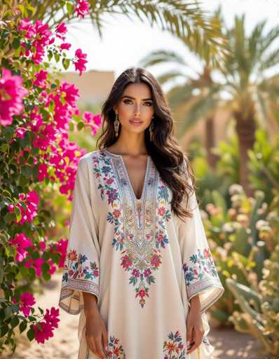 A woman in a cream-colored kaftan adorned with intricate metallic threadwork and vibrant floral motifs stands gracefully amidst a desert garden. Soft-focus captures the scene, with blooming bougainvillea framing her and wind-swept palm trees in the background. The image evokes a painterly realism, highlighting the woman's elegance and the serene desert ambiance.