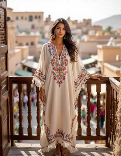 A stylish Moroccan woman models a cream-colored kaftan with vibrant tribal embroidery and fringe, standing on a wooden balcony overlooking a bustling medina. The wide-angle shot showcases rich textures and depth, highlighting the intricate details of her garment against the backdrop of a vibrant, bustling marketplace.